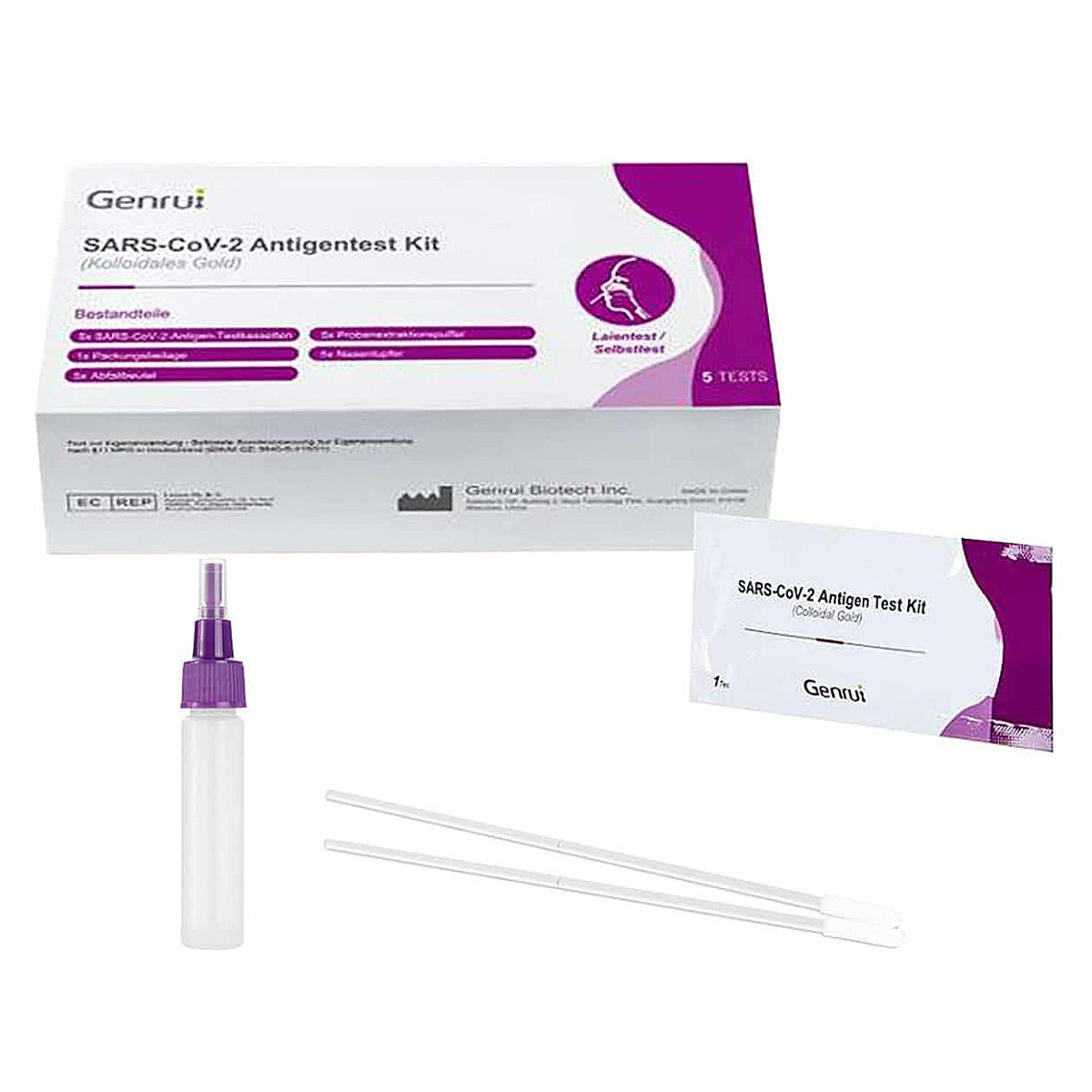 Genrui test de antígenos de coronavirus con hisopo nasal 5u